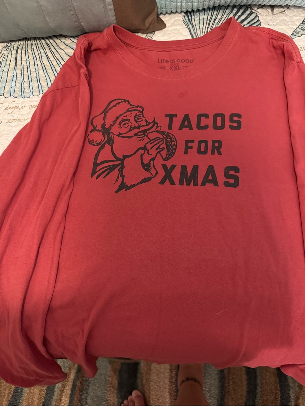 Life Is Good Red Long Sleeve Tee with Black Holiday Taco Graphic